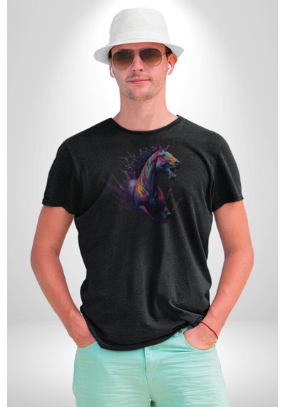 Renkli At Koşu Unisex Unisex Siyah Organik Baskılı T-shirt Penye Yüksek Kalite Siyah