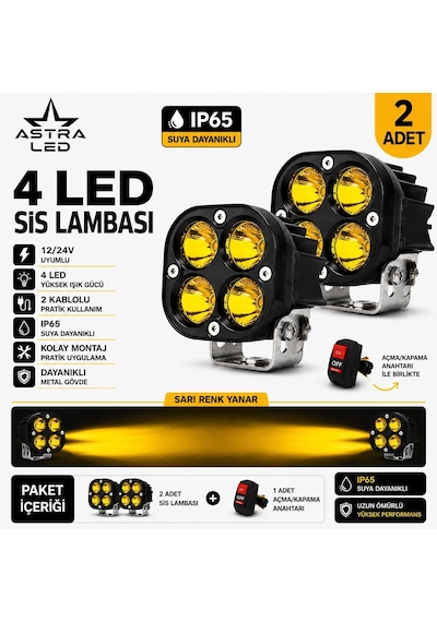 Astra Led 4 Led Çalışma Ve Sis Lambası Off Road Arazi Aracı Ve Motosiklet Uyumlu Amber Sarı, 2 Adet Açma Kapama Anahtarlı