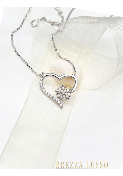 Brezza Lusso Jewelry Gümüş Zirkon Taşlı Kalp Kar Tanesi Kadın Kolye Küpe Seti