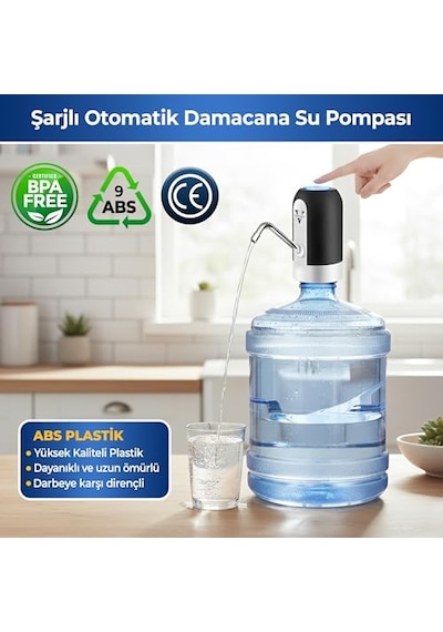 4 W Şarjlı Otomatik Damacana Su Pompası 1200 Mah Bataryalı, Bpa İçermez, Ce Belgeli Su Dispenseri Siyah