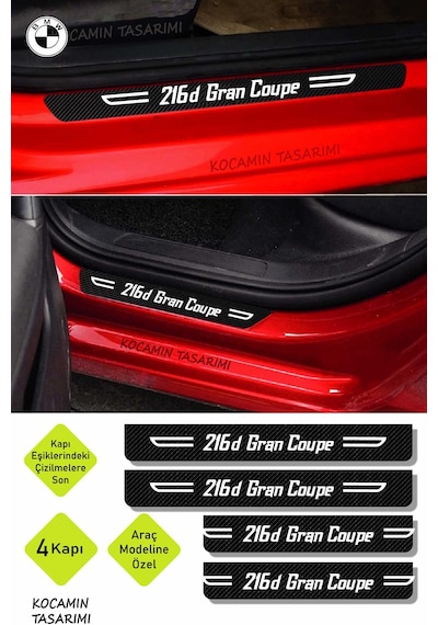 Siyah Karbon Bmw 216d Gran Coupe Kapı Eşiği Dekoratif Beyaz Yazılı Kapı Koruyucu 4 Parça Set Bmw 216d Gran Coupe Yazılı