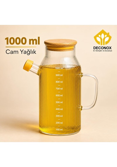 Bambu Kapaklı Çizgili Cam Yağlık 1000 Ml, Kulplu Yağdanlık, Kapaklı Dökme Ağızlı Şeffaf Zeytinyağı Ve Sıvı Yağ Şişesi, 1 Litre
