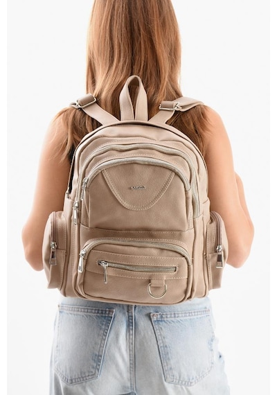 Baginn Suni Deri Kadın Sırt Çantası 38 28 Cm Mega Bag Günlük Kullanıma Uygun Çok Cepli İçi Astarlı Krem