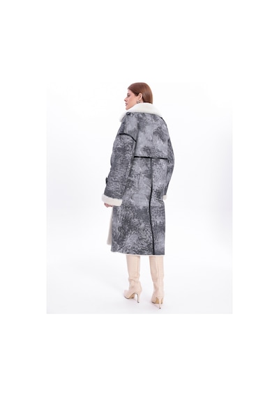 M M Marki Marki Kadın Hakiki Deri Uzun Palto Gri Eskitme Oversize Kruvaze Düğmeli İçi Kürklü 115 Cm - 119522 Gri Vintage
