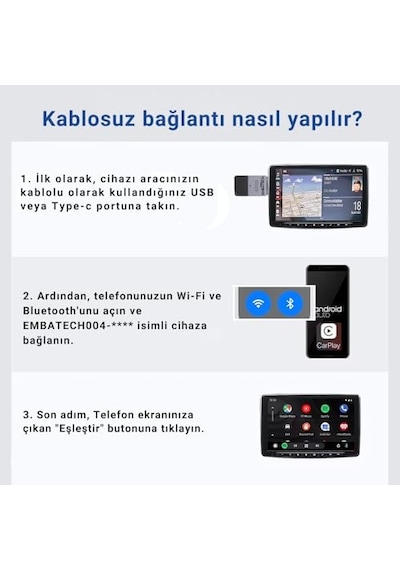 Araç Içi Kablosuz Android Auto Ve Carplay Adaptörü Emt-004