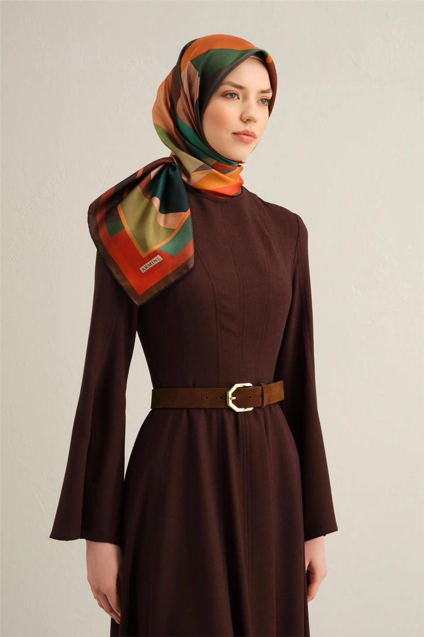 Armine Geometrik Desenli Saf İpek Twill Eşarp 9331d 83 Haki