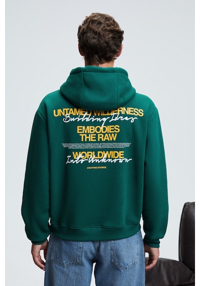 Grımelange PASCAL Erkek Kapüşonlu Kanguru Cepli Önü Ve Sırtı Baskılı Regular Fit Yeşil Sweatshirt