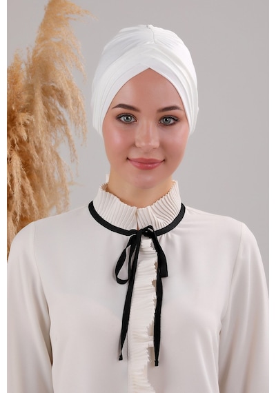 Melodi Scarf Kadın Üç Bantlı Çapraz Hazır Türban Dış Bone Ekru Ekru
