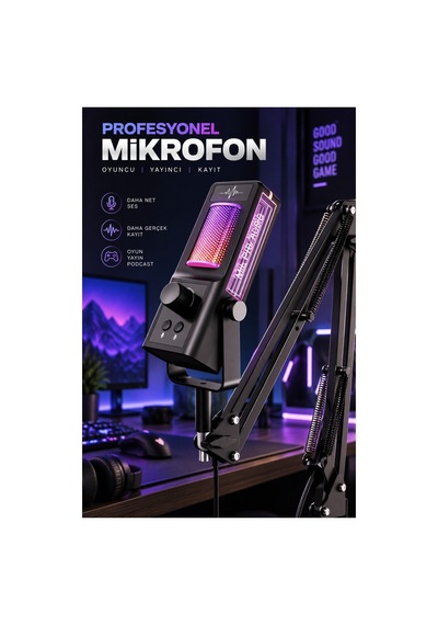Robeve Yk Mc671 Profesyonel Yayıncı Mikrofonu Ve Oyuncu Mikrofonu Rgb Aydınlatmalı Mikrofon, Gürültü Azaltma, Ses Kontrolü Ve Ayarlanabilir Masa Uzatma Kollu Gaming Mikrofon