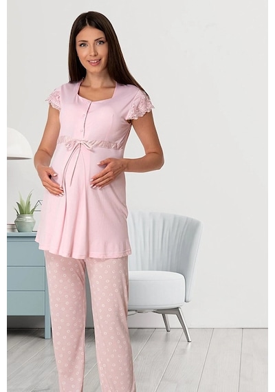 Effortt Dvina Lohusa Hamile Fiyonklu Kısa Kollu Pijama Takımı - Pembe Pembe