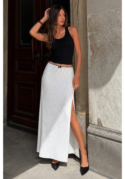 Seeh Ekru Puantiyeli Yırtmaçlı Maxi Kadın Etek Sh255 Desenli