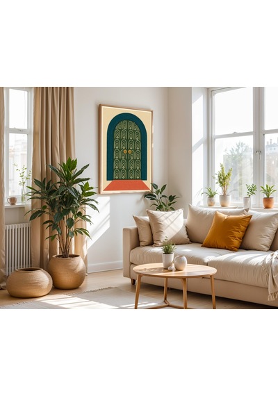 Yeşil Kemerli Kapı Posteri Geometrik Desen İllüstrasyonu Modern Mimari Duvar Sanatı