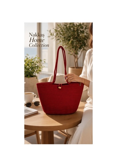 Nakkaş Home Collection Jüt Çanta Kadın Hasır Çanta, Plaj Çantası, Omuz Ve Günlük Kullanım Çantası-bordo-45x30 Cm