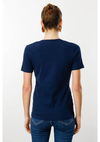 Desen Triko Kadın Açma Yaka Boncuk İşlemeli T-shirt 24754 Lacivert Lacivert