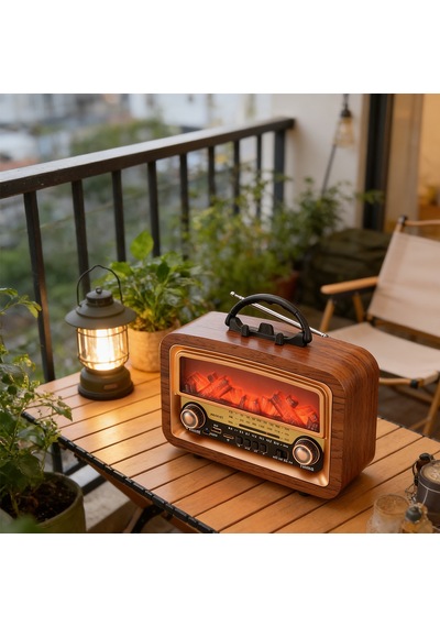 Nostajik Alev Efektli Ahşap Şarjlı 3 Dalga Radyo Telefon Tutucu,bluetooth,tf Kart