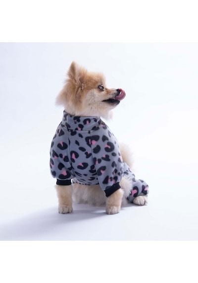 Gri Innsbruck Leopard Desenli Tulum Küçük Irk Peluş Tulum Köpek Tulumu Köpek Kıyafeti Kedi Kıyafeti