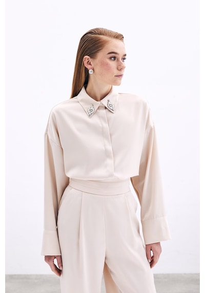 Sateen Aksesuar Detaylı Gömlek - Bej-135823 Bej