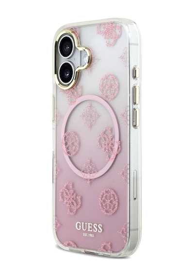 Apple Uyumlu iPhone 17 Kılıf Guess Lisanslı M-safe Şarj Özellikli Simli Peony Desenli Silikon Kapak Pembe Pembe