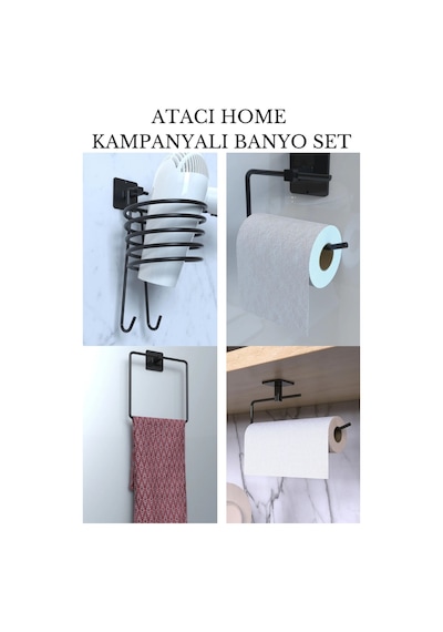 Atacı Güçlü Yapışkanlı Siyah Rulo, Wc, Fönlük Ve Kare Havluluk Banyo Mutfak 4'lü Set Siyah
