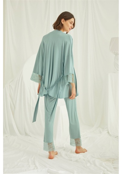 Monamise 18469 Kadın Açık Yeşil Dantelli Hamile Lohusa 3'lü Askılı Sabahlıklı Pijama Takımı