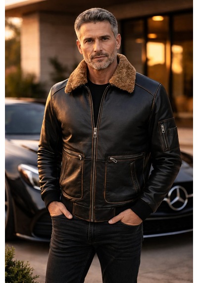 Viamod Leather Erkek Hakiki Deri Ceket Kürk Yakalı Siyah Premium Pilot Model Gerçek Deri Mont Üretici Garantili Siyah Eskitme