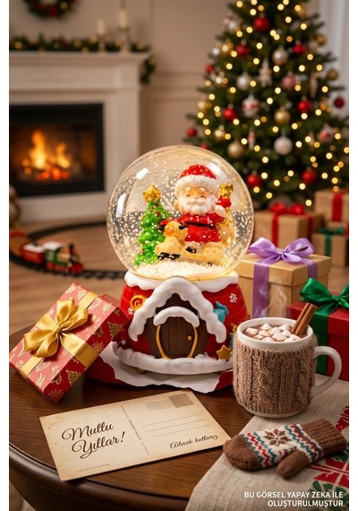2027 Yılbaşı Yeni Yıl Hediyesi Işıklı Müzikli Noel Baba Yılbaşı Çam Ağacı Temalı Kar Küresi 13x8 Cm