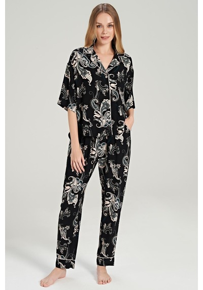 Feyza Kadın Kısa Kol Önden Düğmeli Dokuma Siyah Pijama Takım C0t1n0o5 001