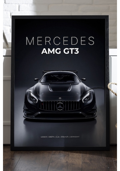 Mercedes Amg Gt3 Siyah Ahşap Çerçeveli Poster, Dekoratif Araba Duvar Tablosu