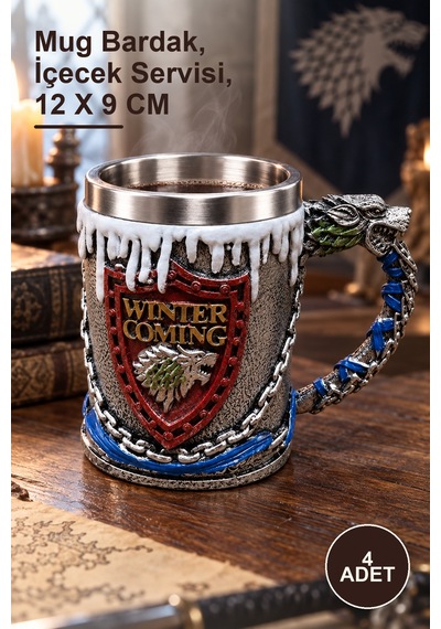 4 Adet Game Of Thrones Tasarımlı 3d Paslanmaz Çelik Kupa Mug Bardak, İçecek Servisi, 12 X 9 Cm