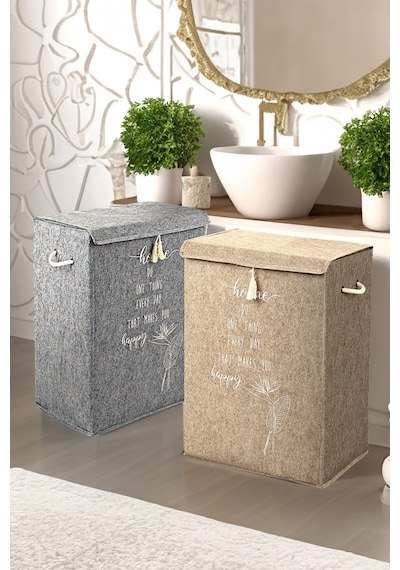 Meleni Home 2'li Set Keçe Kapaklı Kirli Çamaşır Sepeti - Çok Amaçlı Saklama Kutusu Mega Hurç 55 X 41 X 30 Cm Diğer