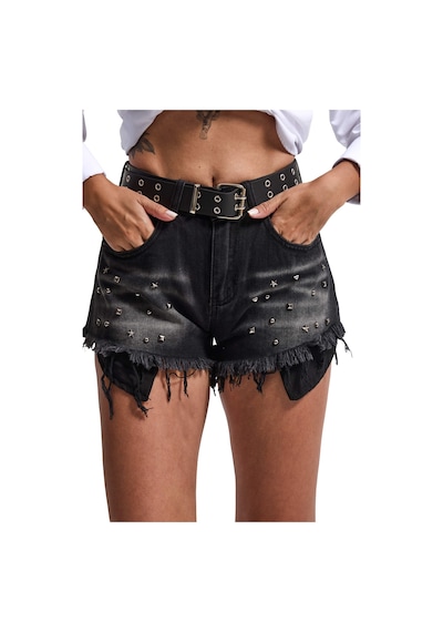 it's basic Kadın Siyah Kot Rengi Droplu Kemerli Özel Tasarım Denim Şort