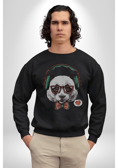 Kulaklıklı Hipster Portre Panda Unisex Siyah Baskılı Sweatshirt Siyah