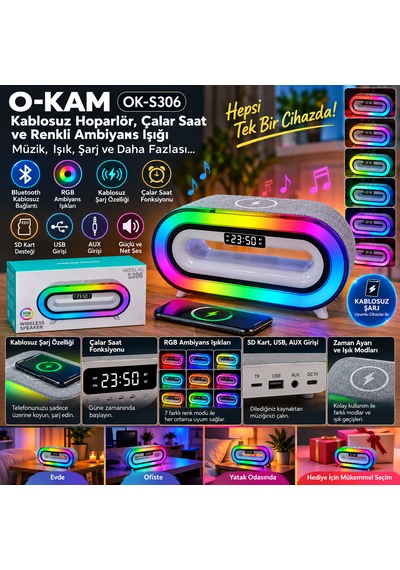O-kam Ok-s306 Rgb Işıklı Bluetooth Hoparlör Kablosuz Şarj Özellikli Dijital Çalar Saat 7 Renk Ambiyans Işığı Usb Aux Sd Kart Destekli Masa Lambası O-kam Ok-s306 Rgb Işıklı Bluetooth Hoparlör Kablosuz Şarj Özellikli Dijital Çalar Saat 7 Renk Ambiyans Işığı Usb Aux Sd Kart Destekli Masa Lambası
