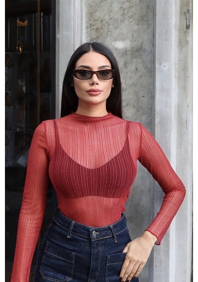 Kechi Woman Simli Transparan Kumaş Bluz Kırmızı