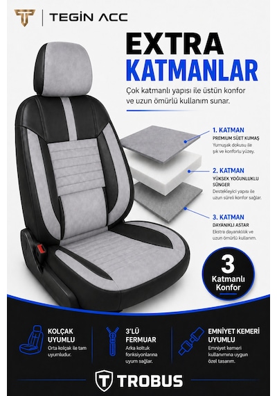 Apex Serisi Tay Tüyü Bel Destekli Gri Siyah Üniversal Koltuk Kılıfı Tam Set