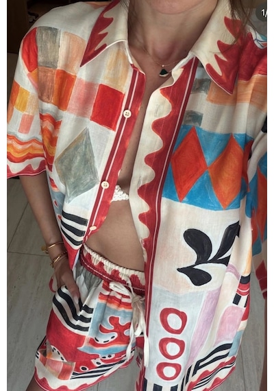 Asprinfashion Kadın İthal Sanatsal Desenli Gömlek Şort Takım Oversize Yazlık Viskon İkili Takım Kremit Asprinfashion Kadın İthal Sanatsal Desenli Gömlek Şort Takım Oversize Yazlık Viskon İkili Takım Kremit