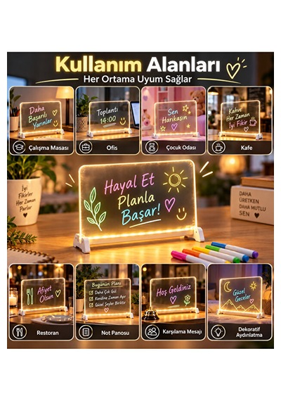 Led Işıklı Yazı Tahtası Akrilik Not Panosu Usb 5w Masaüstü Dekoratif Gece Lambası Beyaz