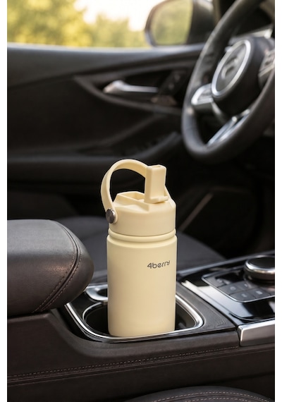 350 Ml Kulplu Pipetli Çelik Termos Bardak Bpa Free, Taşınabilir Mini Termos, Krem Renk