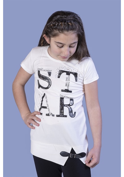 Toontoy Kids Toontoy Kız Çocuk Star Baskılı Kemer Detaylı Tişört Ekru