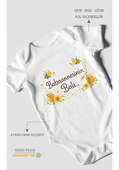 Morivokids Babannesinin Balı Kısa Kollu Bebek Body %100 Pamuk Beyaz
