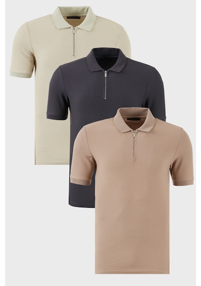 Buratti Pamuklu Regular Fit Yarım Fermuarlı 3'Lü Paket Erkek Polo Yaka T Shirt 5902434S3 Taş-Antrasit-Vizon