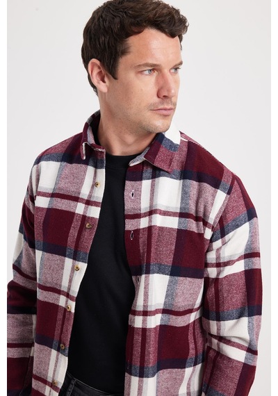 Tudors Erkek Slim Fit Dar Kesim Kareli Kışlık Oduncu Gömlek-42347 Bordo