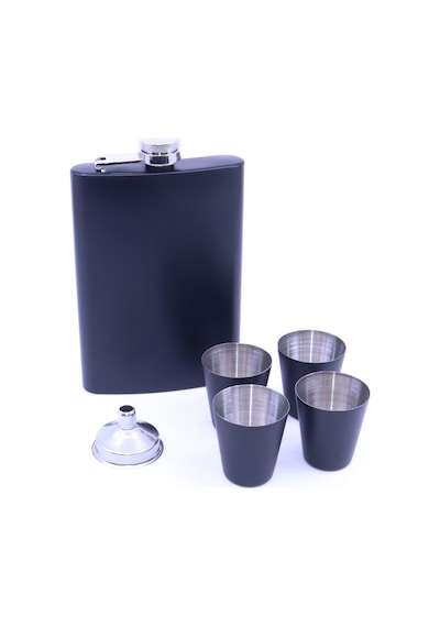 Paslanmaz Çelik Dört Shot Bardaklı Matara Seti - Mat Siyah
