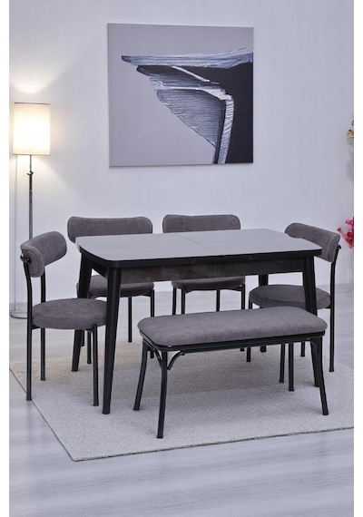 Nehir Alfa Banklı Lak Panel Açılır Mutfak Masa Takımı 75x130cm Siyah