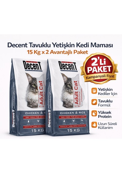 Decent Tavuk Etli Yetişkin Kedi Maması 15 Kg 2 Adet