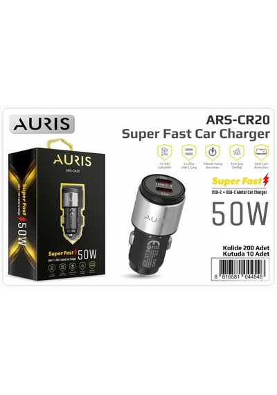 Auris Cr20 50w Usb-c+usb-c Metal Araç Şarj Başlığı Siyah