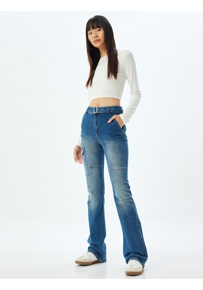 Koton İspanyol Paça Kot Pantolon Slim Fit Kargo Cepli Düğmeli Pamuklu - Flare Jeans Orta İndigo 5wal40098md İndigo