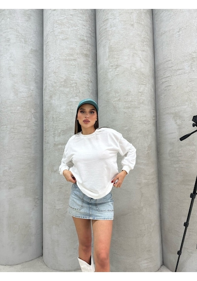 Düz Renk Kadın Sweatshirt Beyaz