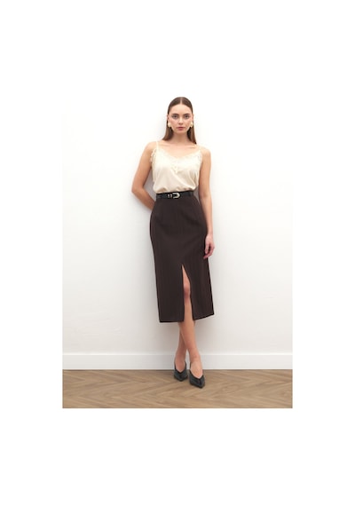 Sateen Anna Yırtmaçlı Etek - Kahve-137171 Kahve