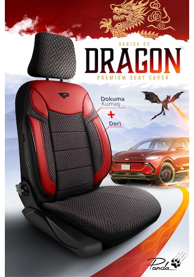 Siyah - Kırmızı Garni Panda Dragon Serisi Dokuma Kumaş Oto Koltuk Kılıfı - Tam Set